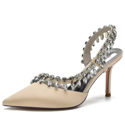 Champagne Satin slingback Rhinestone Pointy Toe Stiletto Heel Bridal Shoes