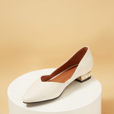 White Chic Leather V Cut Flats Pearl D'orsay Flat