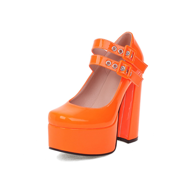 Neon Orange Chunky Heel Platform Pumps Double Strap Y2K Mary Jane Shoes