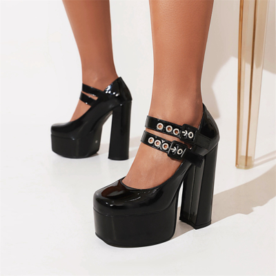 Black Chunky Heel Platform Pumps Double Strap Y2K Mary Jane Shoes