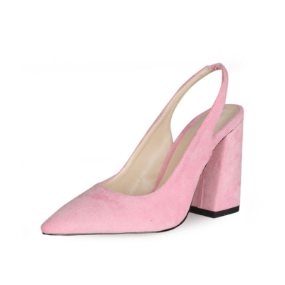 Pink Chunky Heel Slingback Shoes 2022 Spring Suede Bridal Pumps