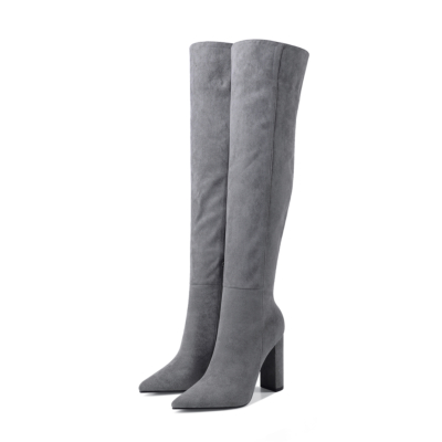 Grey Suede Heeled Zipper Wide Calf Long Dress Boots