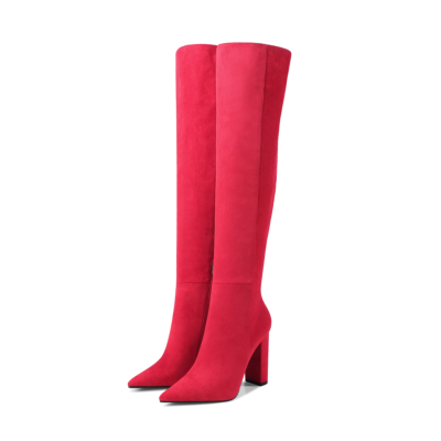 Red Suede Heeled Zipper Wide Calf Long Dress Boots
