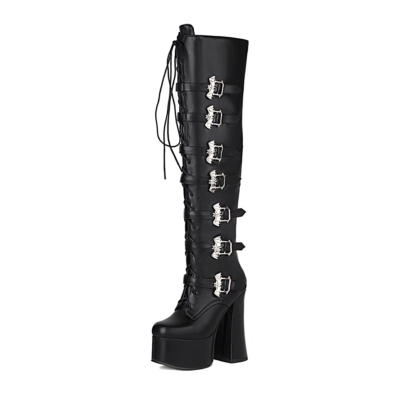 Black Chunky Heeled Platform Punk Over The Knee Boots With Bat