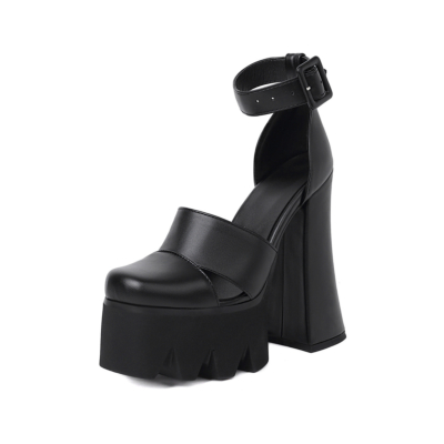 Black Chunky High Heel Sandals Ankle Strap Platform Cut Out Shoes with Round Toe