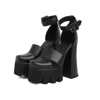 Black Chunky High Heel Sandals Ankle Strap Platform Cut Out Shoes with Round Toe