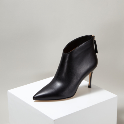 Black Leather V-Vamp Zip Stiletto Ankle Boots Dress Shoes