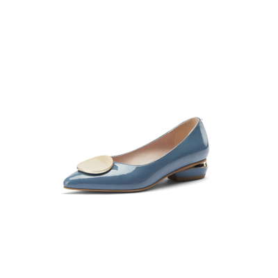 Blue Patent Leather Metal-Embellished Flat Shoes with Pointed Toe