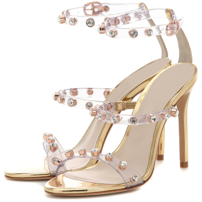 Clear Rhinestone Strappy Stiletto Sandals Transparent Ankle Strap Buckle Heels
