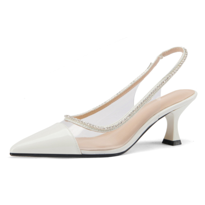 White Clear Crystal Slingback Pumps Pointed Toe Shoes with Spool Heel