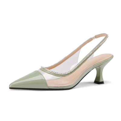 Green Clear Crystal Slingback Pumps Pointed Toe Shoes with Spool Heel