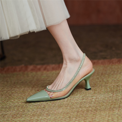 Green Clear Crystal Slingback Pumps Pointed Toe Shoes with Spool Heel