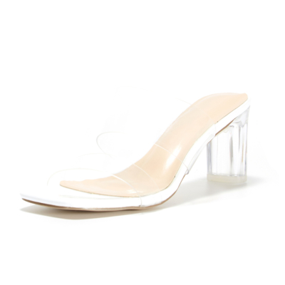White Clear Block Heel Mules PVC Transparent Slip On Heeled Sandals