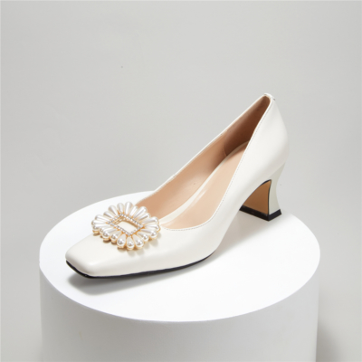Comfortable Mid Heel Wedding Shoes Crystal Pearl Buckle Pumps in White