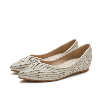 Beige Comfortable Pointed Toe Rhinestone Flats for Women