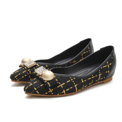 Black Comforty Round Toe Pearl Embelishment Woven Tweed Flats Women Shoes