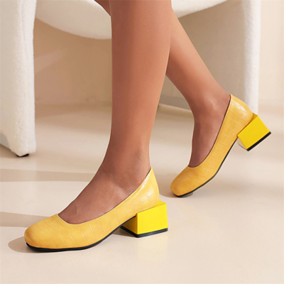 Comfy Low Block Heels Pumps Snkae Effect Square Toe Shoes