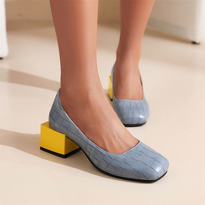 Grey&Yellow Comfy Low Block Heels Pumps Snkae Effect Square Toe Shoes