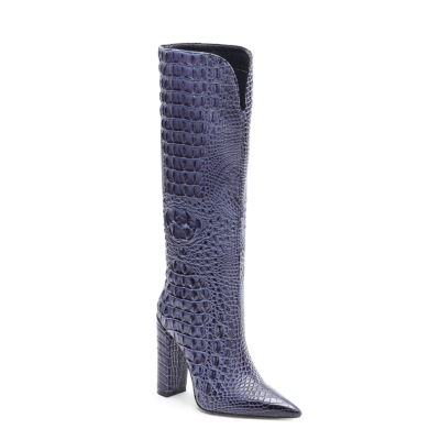 Blue Croc Embossed Pointed Toe Chunky Heel Knee High Boots