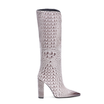 White Croc Embossed Pointed Toe Chunky Heel Knee High Boots