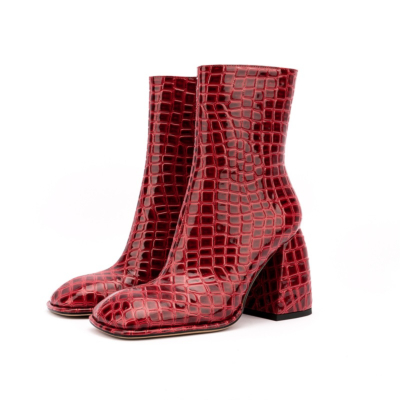 Red Croc Print Block Heel Boots Square Toe Ankle Booties With Side Zipper