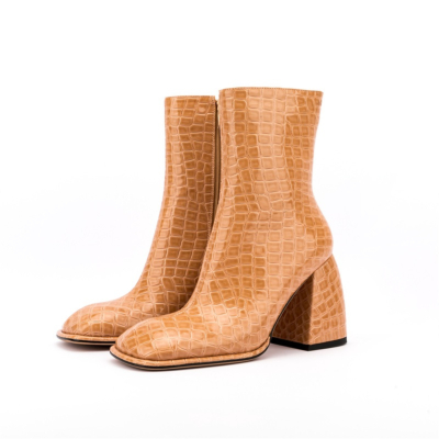 Light Brown Croc Print Block Heel Boots Square Toe Ankle Booties With Side Zipper