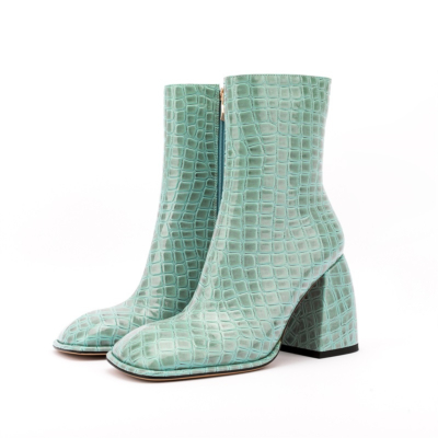 Green Croc Print Block Heel Boots Square Toe Ankle Booties With Side Zipper