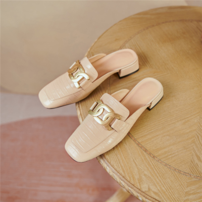 Nude Crocodile Embossed Loafers Mules Leather Slides with Metal Buckle