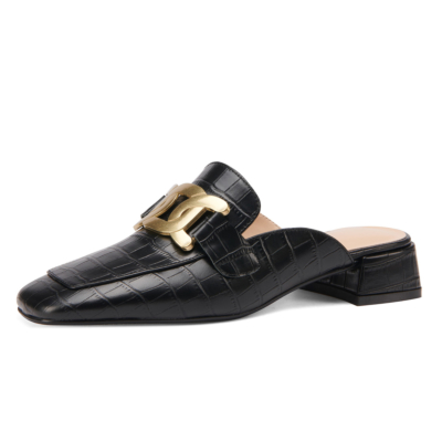 Black Crocodile Embossed Loafers Mules Leather Slides with Metal Buckle