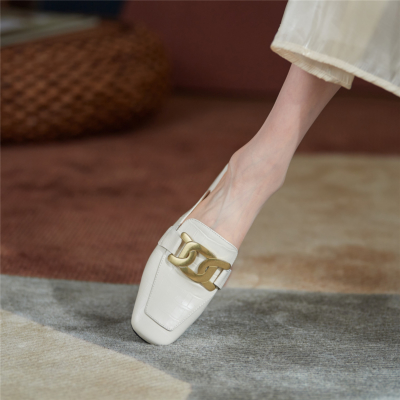 White Crocodile Embossed Loafers Mules Leather Slides with Metal Buckle