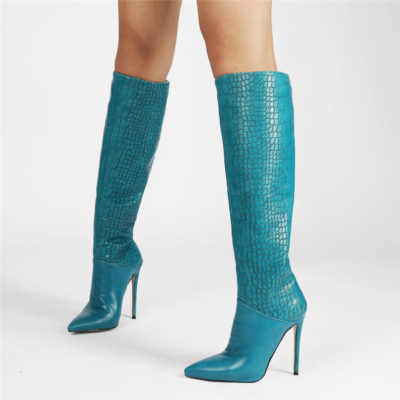 Blue Crocodile Print Boots Stiletto Heeled Knee High Boots 5