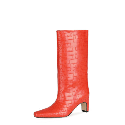 Red Fall Croc Print Wide Calf Tall Booties Square Toe Low Heel Knee High Boots for Women