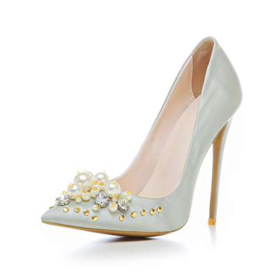 Crystal Pearl Embellished Satin Shoes Bridal 5 inch Stilettos Heeled Pumps in Silver