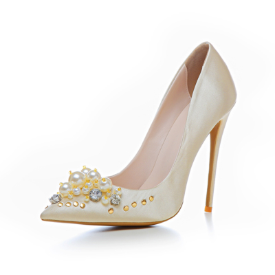 Crystal Pearl Embellished Satin Shoes Bridal 5 inch Stilettos Heeled Pumps in Champagne