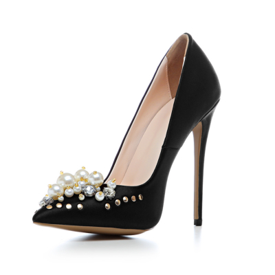 Crystal Pearl Embellished Satin Shoes Bridal 5 inch Stilettos Heeled Pumps in Black