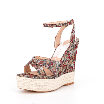Denim Red and Grey Floral Hemp Rope Woven Wedge Sandals Bohemia Ankle Strap Sandals