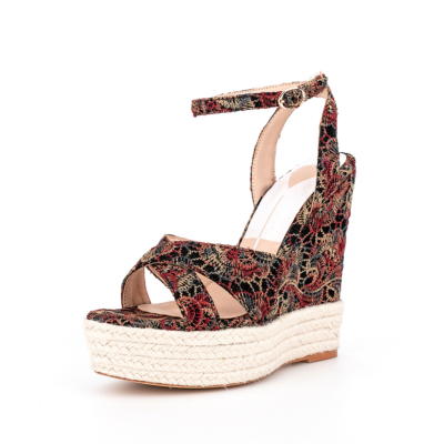 Denim Red Floral Hemp Rope Woven Wedge Sandals Bohemia Ankle Strap Sandals