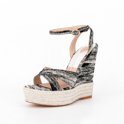 Denim Black and White Floral Hemp Rope Woven Wedge Sandals Bohemia Ankle Strap Sandals