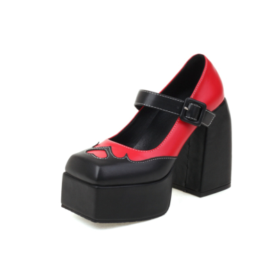 Red Mary Janes Chunky High Heels Platform Heart Shape Buckle Heels