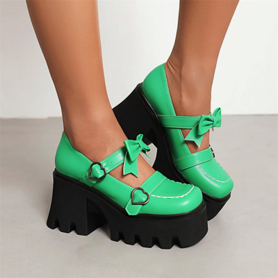 Green Double Strap Platform Mary Jane Pumps Square Toe Chunky Heels with Bow