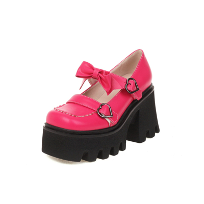 Fuchsia Double Strap Platform Mary Jane Pumps Square Toe Chunky Heels with Bow