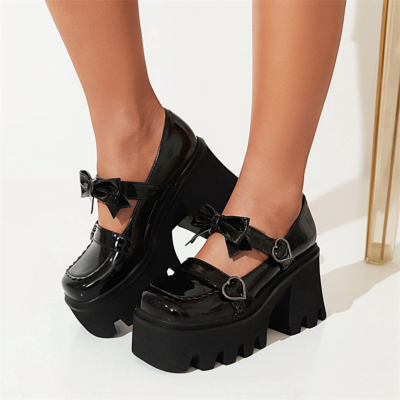 Black Patent Leather Double Strap Platform Mary Jane Pumps Square Toe Chunky Heels with Bow