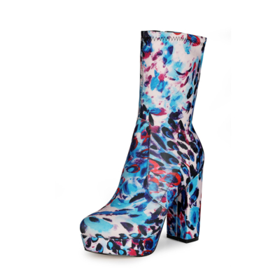 Blue Elastic Leopard Printed Platform Ankle Boots with Chunky Heels
