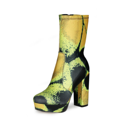 Yellow Elastic Python Printed Platform Ankle Boots with Chunky Heels