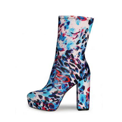 Elastic Animal Printed Platform Ankle Boots with Chunky Heels