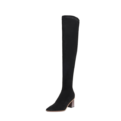 Black Suede Block Heel Square Toe Elastic Over-the-knee Boots