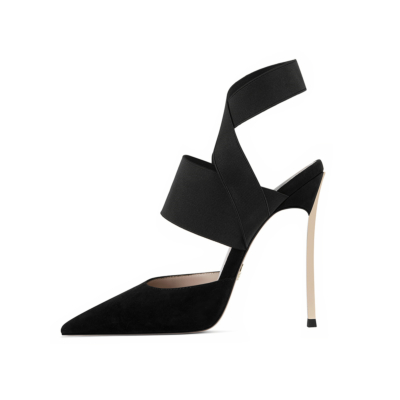 Black Elastic Strap Backless Pumps Heeled Wide Band Pointed Toe Sandals Shoes Metallic Heels