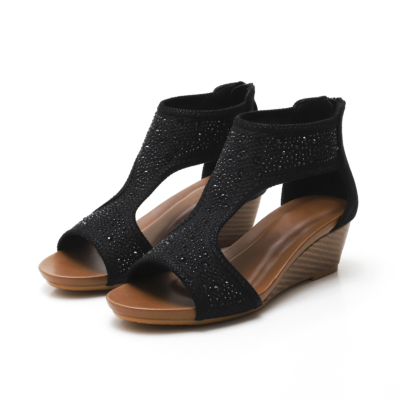 Black Exotic Crystals T-Strap Wide Fit Wedge Sandals Ladies Shoes