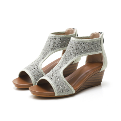 Grey Exotic Crystals T-Strap Wide Fit Wedge Sandals Ladies Shoes