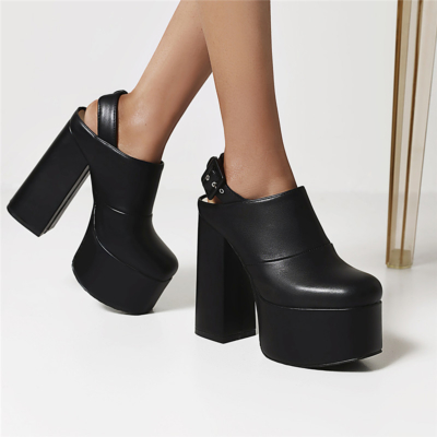 Black Chunky Platform Boots Backless Buckle Mules Shoes with Closed Toe